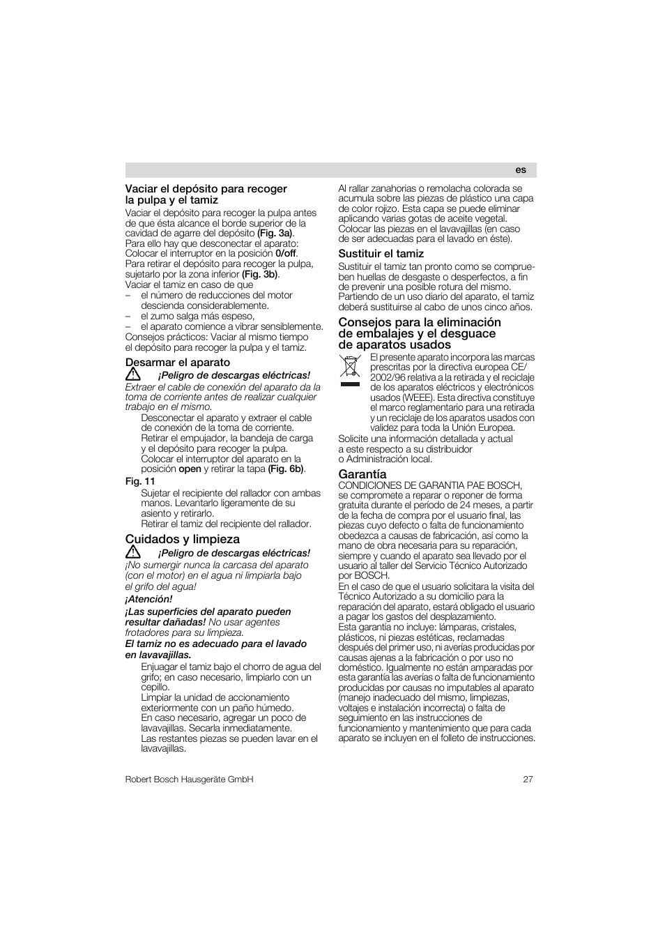 Desarmar el aparato, Sustituir el tamiz, Cuidados y limpieza | Garantía | Bosch MES 1020 User Manual | Page 27 / 62