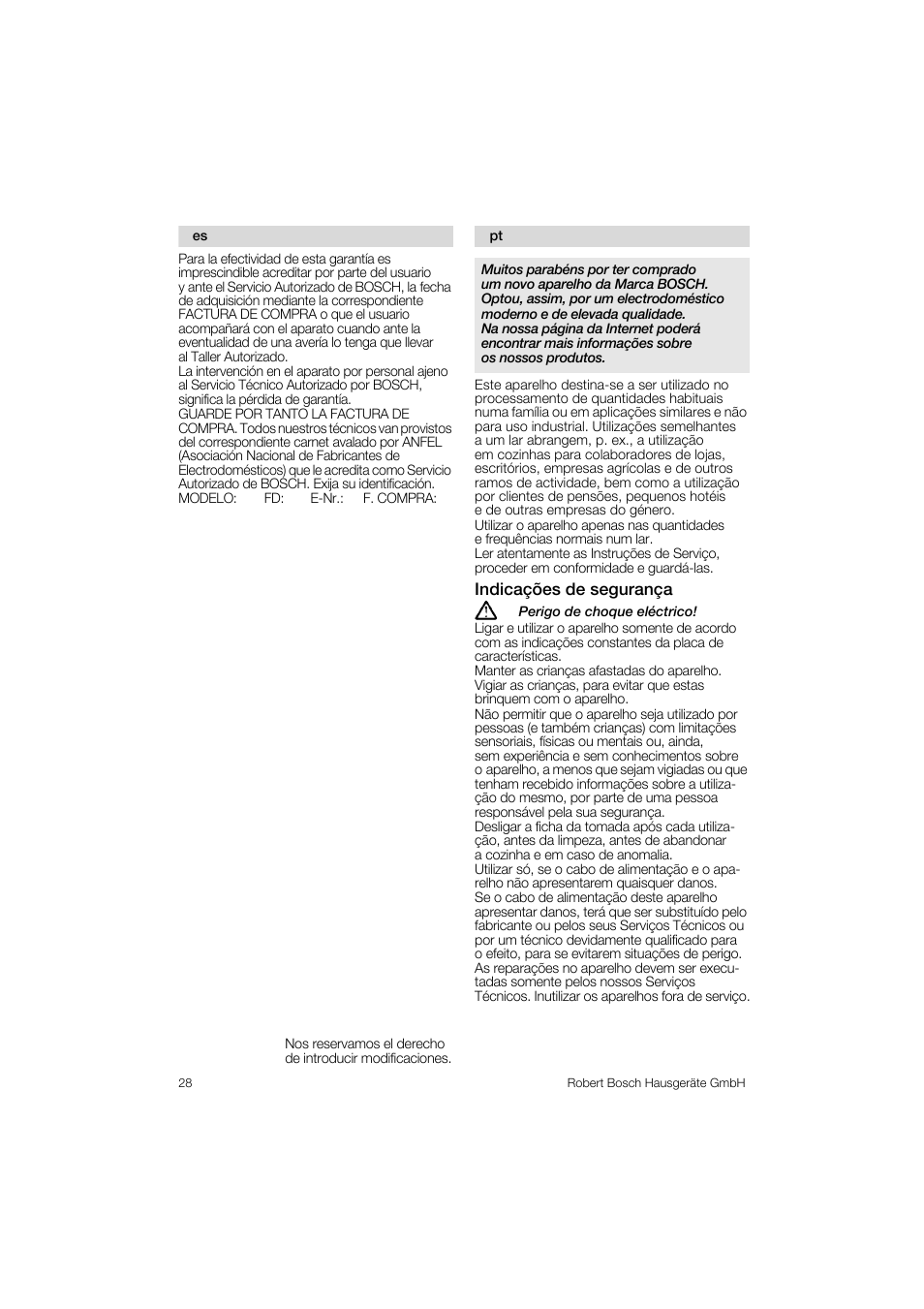 Indicaçôes de segurança | Bosch MES 1020 User Manual | Page 28 / 62