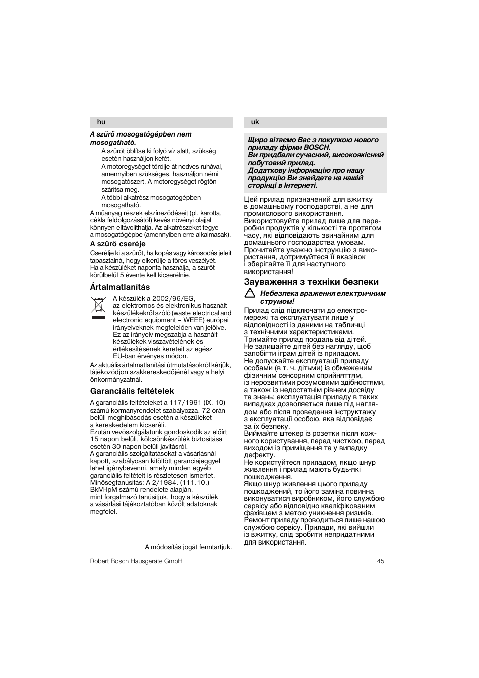 Garanclâlls feltételek, Зауваження з техн1ки безпеки | Bosch MES 1020 User Manual | Page 45 / 62