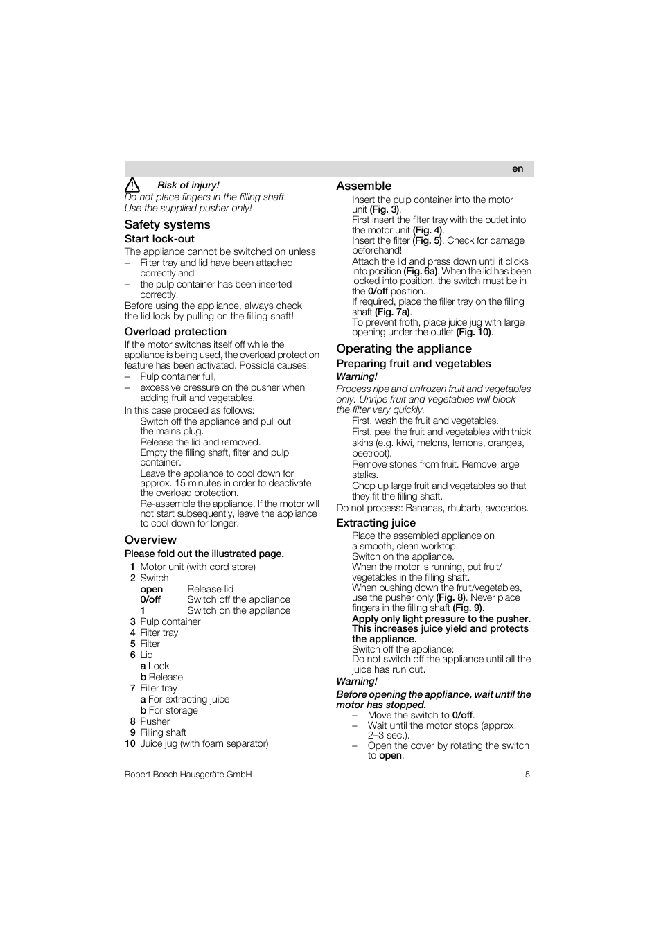 Safety systems, Start lock-out, Overload protection | Overview, Assemble, Operating the appliance, Preparing fruit and vegetables, Extracting juice | Bosch MES 1020 User Manual | Page 5 / 62