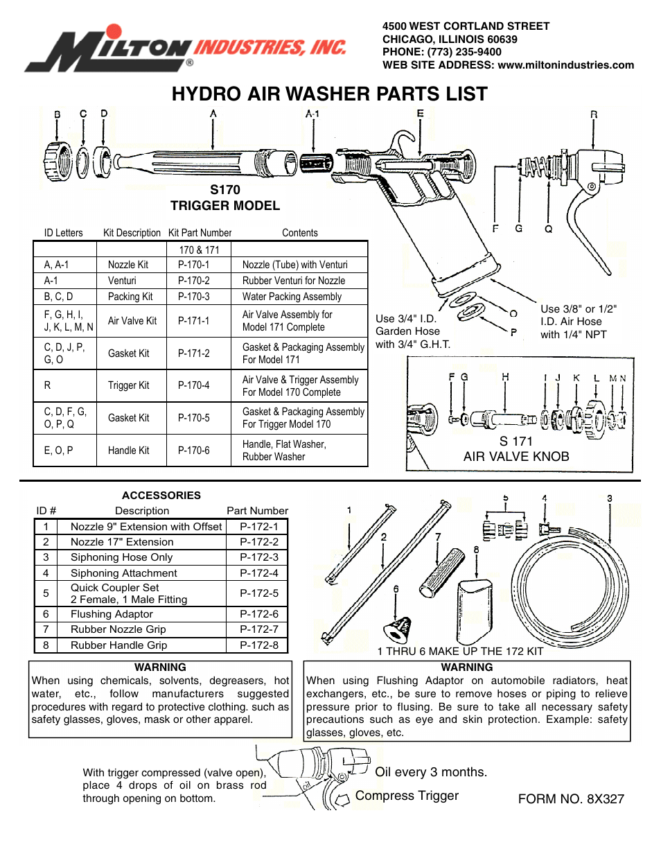 Milton Industries Equipment s170 - 171 & 172 - Hydro Air Washer Parts List & Accessories - Form 8X327 User Manual | 1 page