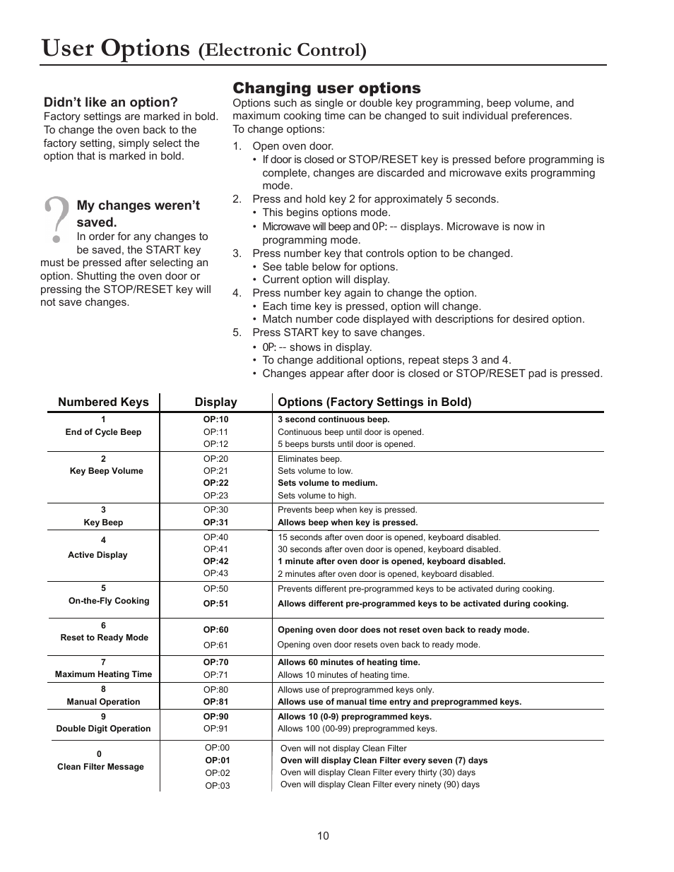 User options, Electronic control), Changing user options | Didn’t like an option, My changes weren’t saved | ACP RCS511TS Owner's Manual User Manual | Page 10 / 14