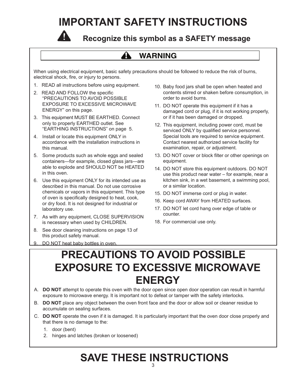 Important safety instructions, Recognize this symbol as a safety message, Warning | ACP RCS511TS Owner's Manual User Manual | Page 3 / 14