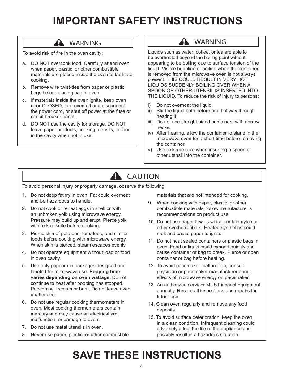 Save these instructions, Important safety instructions, Caution | Warning | ACP RCS511TS Owner's Manual User Manual | Page 4 / 14