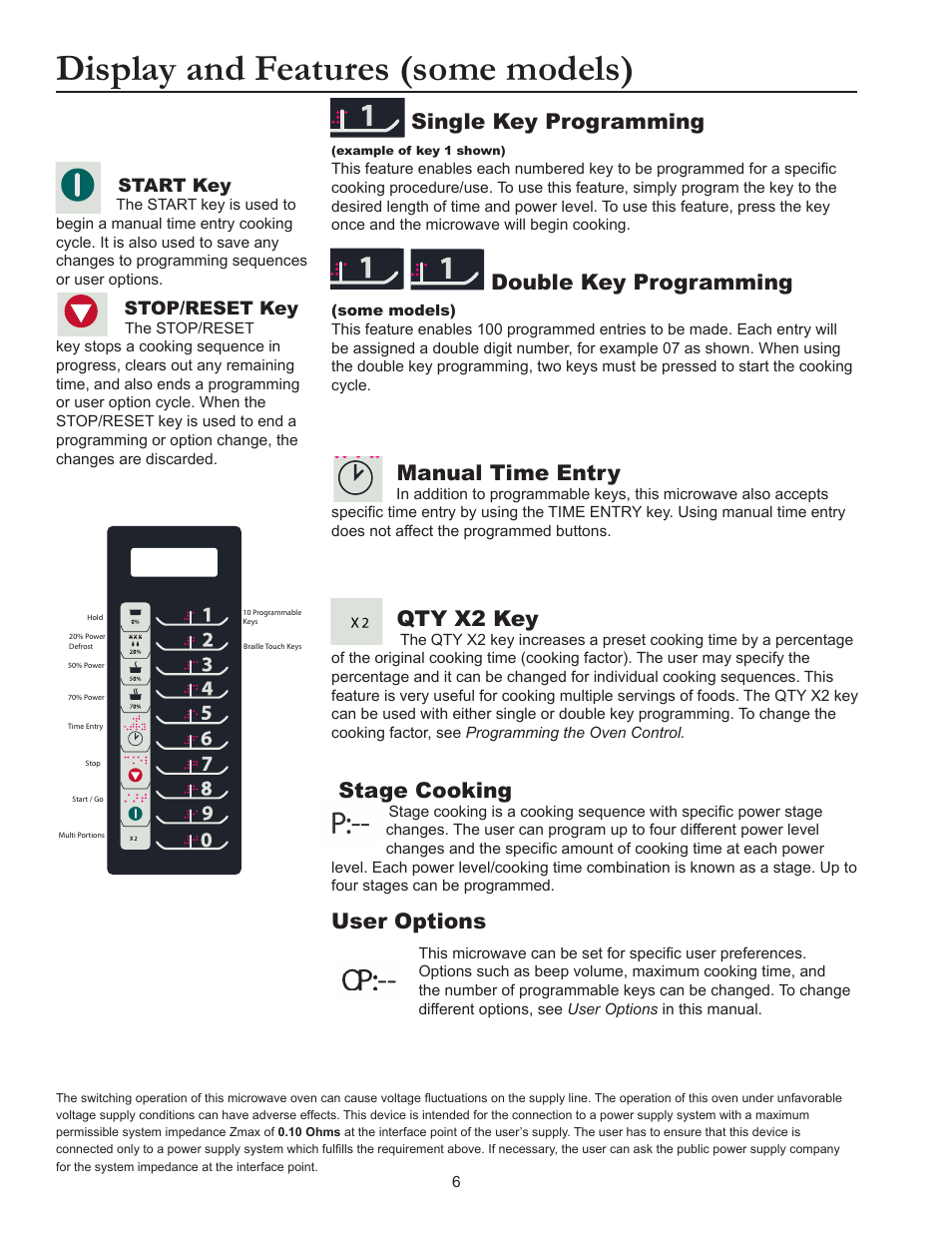 Display and features (some models), Single key programming, Double key programming | Manual time entry, Qty x2 key, Stage cooking, User options, Start key, Stop/reset key | ACP RCS511TS Owner's Manual User Manual | Page 6 / 14