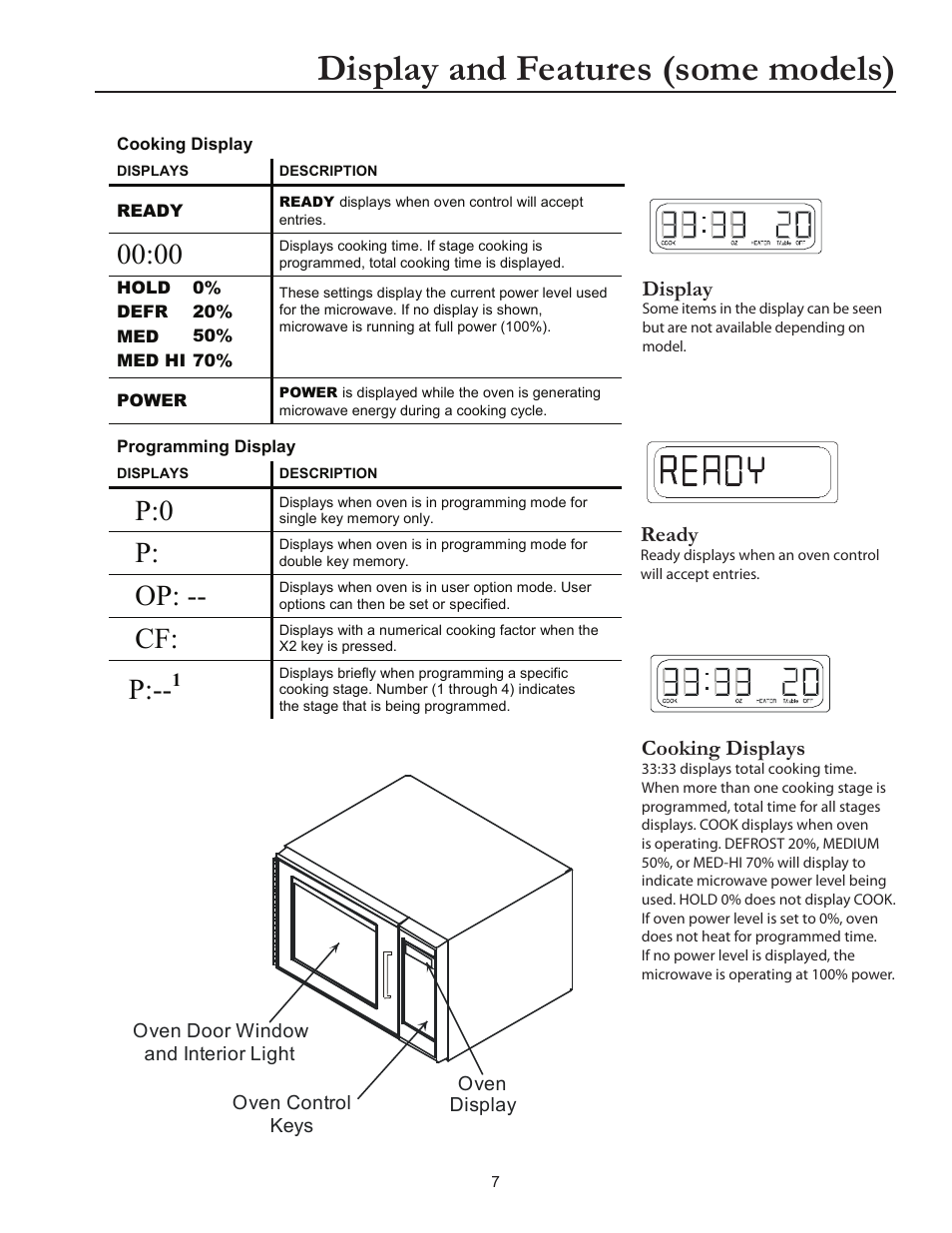 Display and features (some models), Display, Ready | Cooking displays | ACP RCS511TS Owner's Manual User Manual | Page 7 / 14