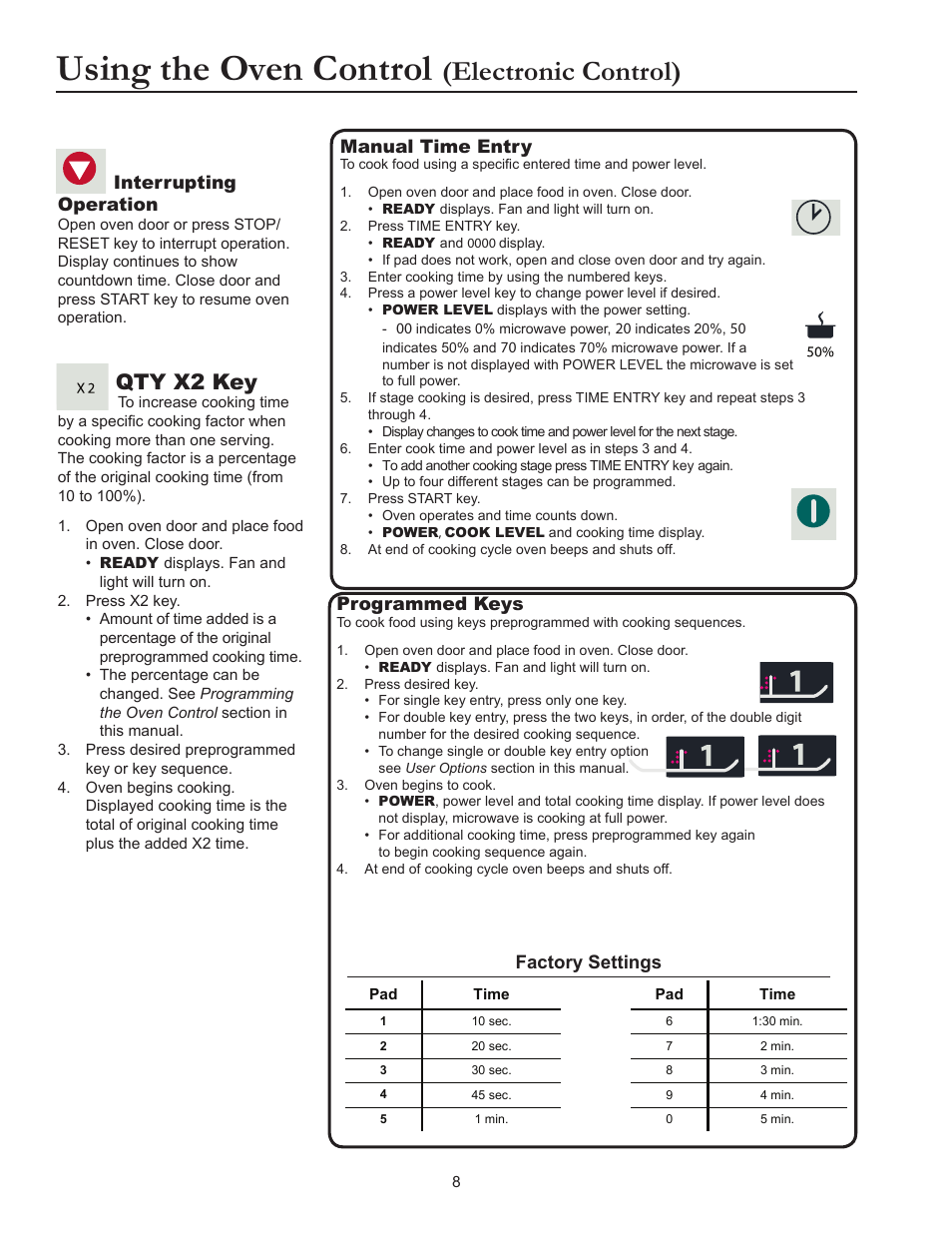 Using the oven control, Electronic control), Qty x2 key | Manual time entry, Programmed keys, Factory settings, Interrupting operation | ACP RCS511TS Owner's Manual User Manual | Page 8 / 14