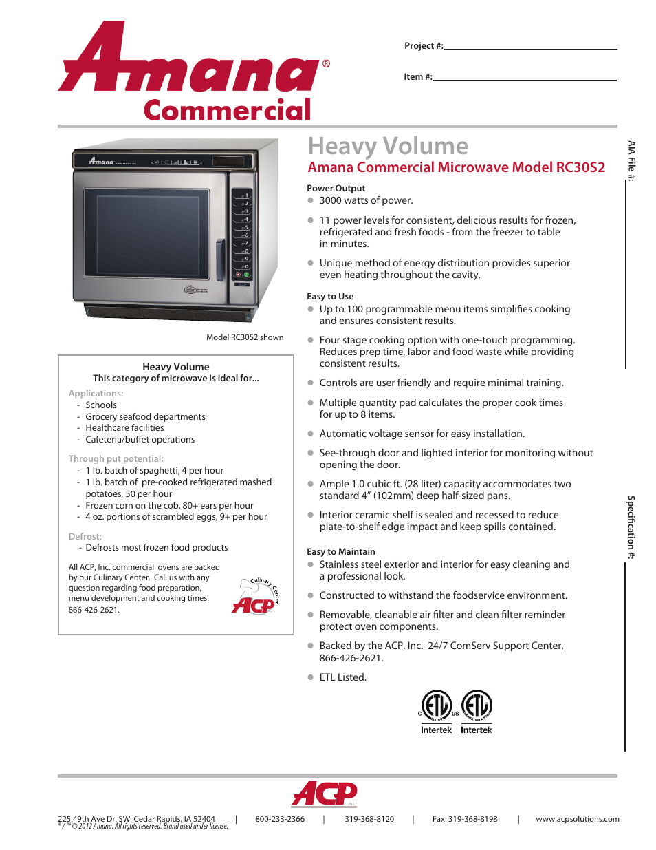 ACP RC30S2 Spec Sheet User Manual | 2 pages