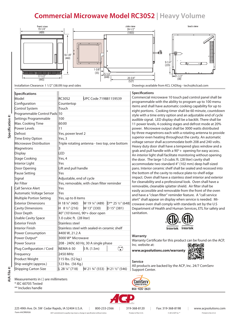 Commercial microwave model rc30s2 | heavy volume | ACP RC30S2 Spec Sheet User Manual | Page 2 / 2