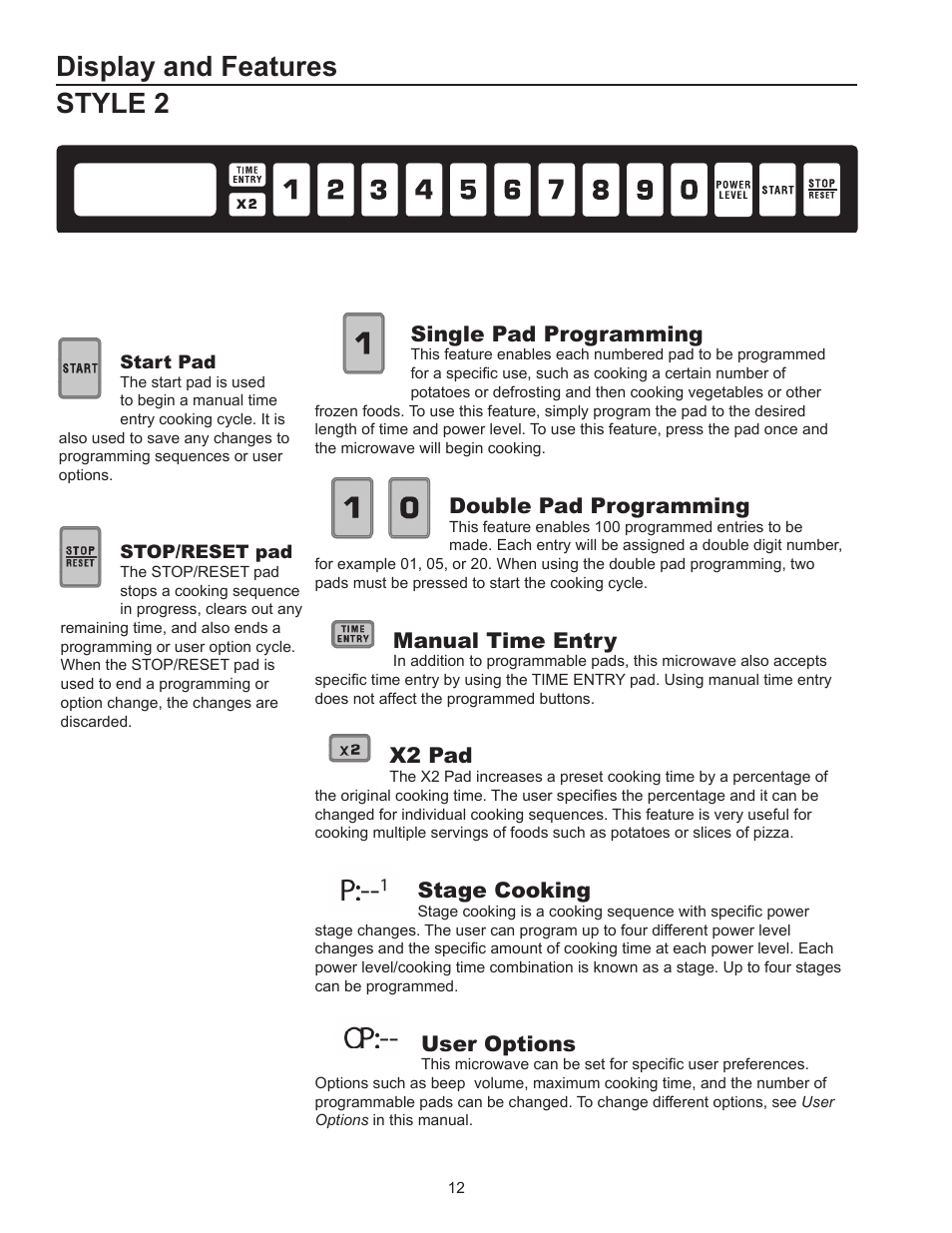 Style 2 display and features, Single pad programming, Double pad programming | Manual time entry, X2 pad, Stage cooking, User options | ACP HDC182 Owner's Manual User Manual | Page 12 / 19