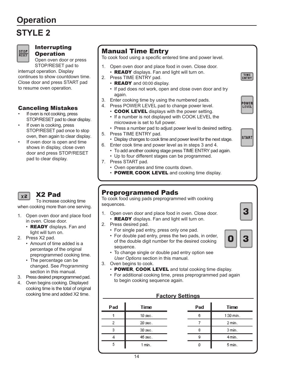 Style 2 operation, Preprogrammed pads, X2 pad | Manual time entry | ACP HDC182 Owner's Manual User Manual | Page 14 / 19