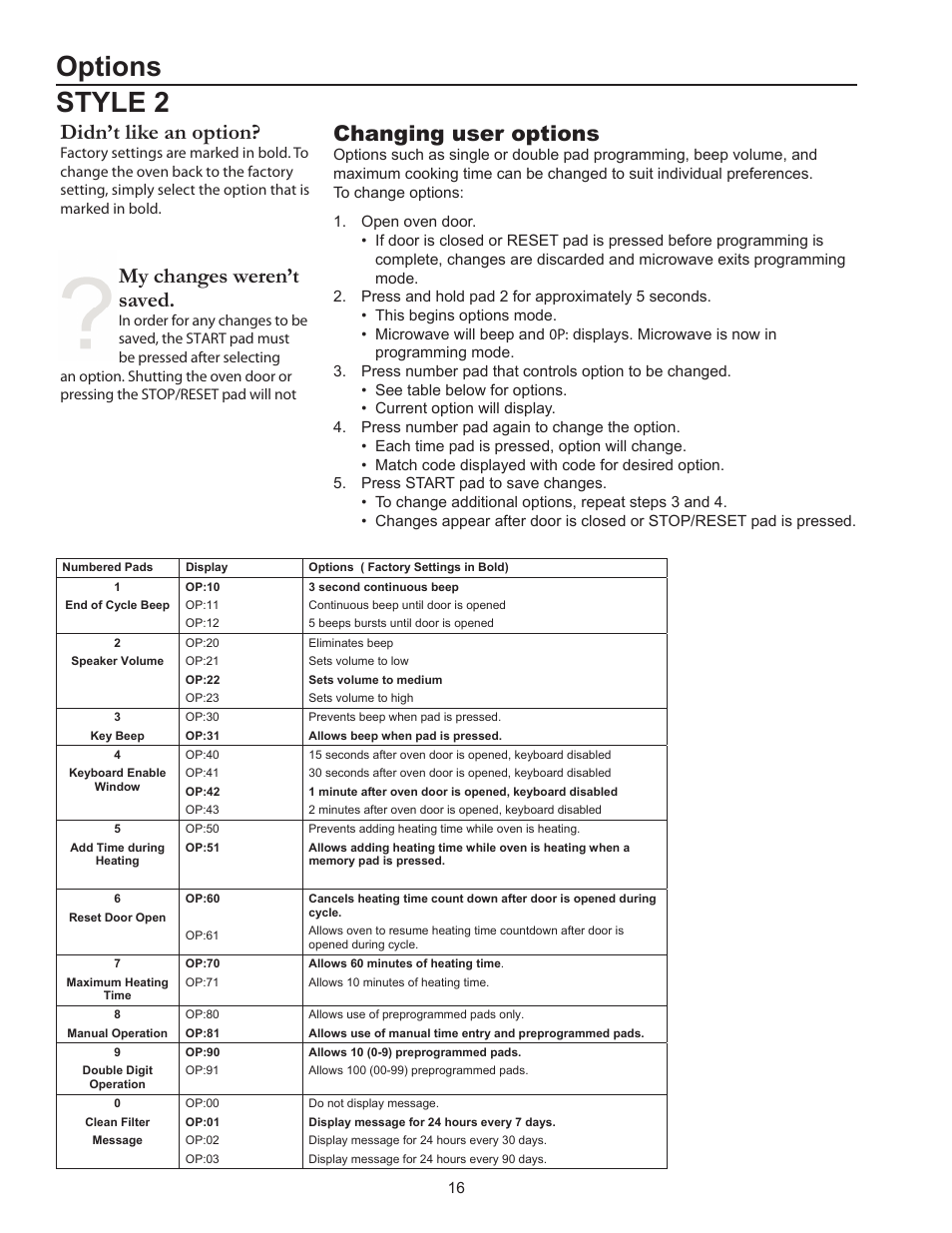 Options style 2, Changing user options, Didn’t like an option | My changes weren’t saved | ACP HDC182 Owner's Manual User Manual | Page 16 / 19
