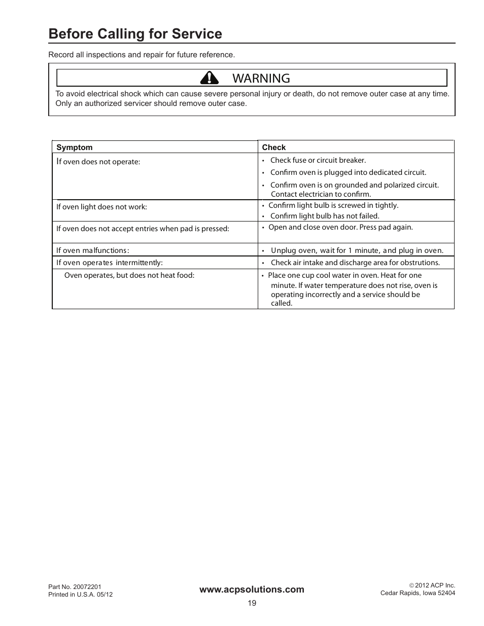 Before calling for service, Warning | ACP HDC182 Owner's Manual User Manual | Page 19 / 19