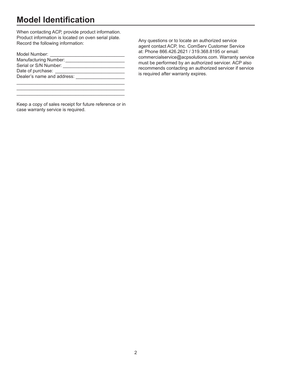 Model identification | ACP HDC182 Owner's Manual User Manual | Page 2 / 19