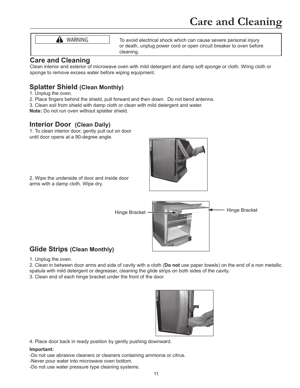 Care and cleaning, Splatter shield, Interior door | Glide strips | ACP MOC5241 Owner's Manual User Manual | Page 11 / 12