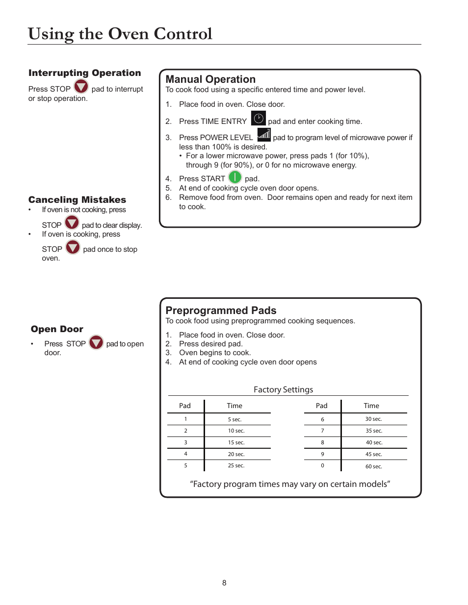 Using the oven control, Manual operation, Preprogrammed pads | ACP MOC5241 Owner's Manual User Manual | Page 8 / 12