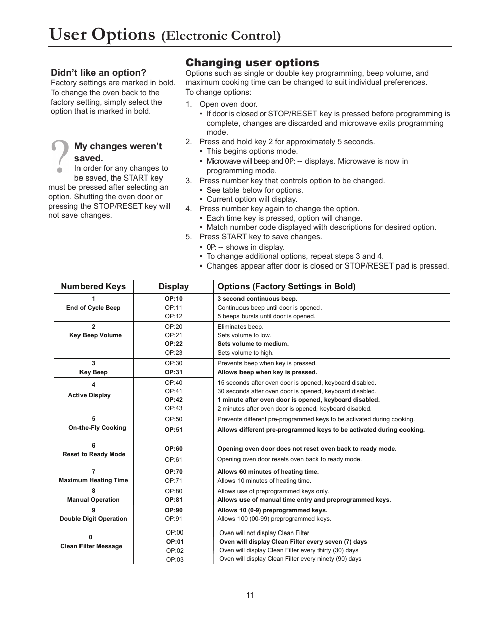 User options, Electronic control), Changing user options | Didn’t like an option, My changes weren’t saved | ACP RFS518TS Owner's Manual User Manual | Page 11 / 16