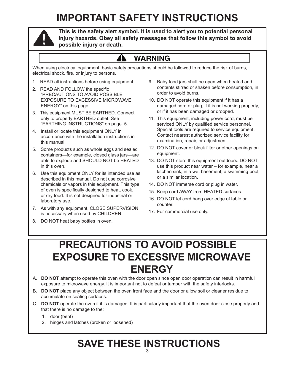 Important safety instructions, Warning | ACP RFS518TS Owner's Manual User Manual | Page 3 / 16