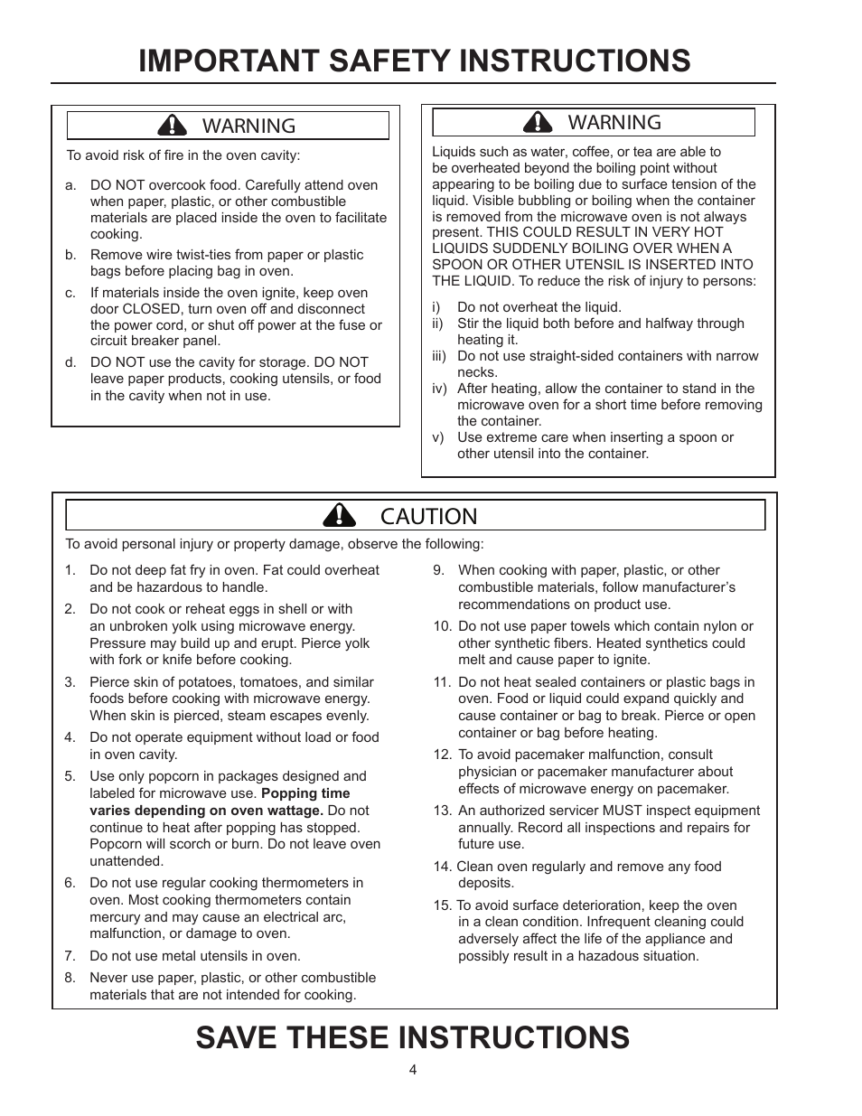 Save these instructions, Important safety instructions, Caution | Warning | ACP RFS518TS Owner's Manual User Manual | Page 4 / 16