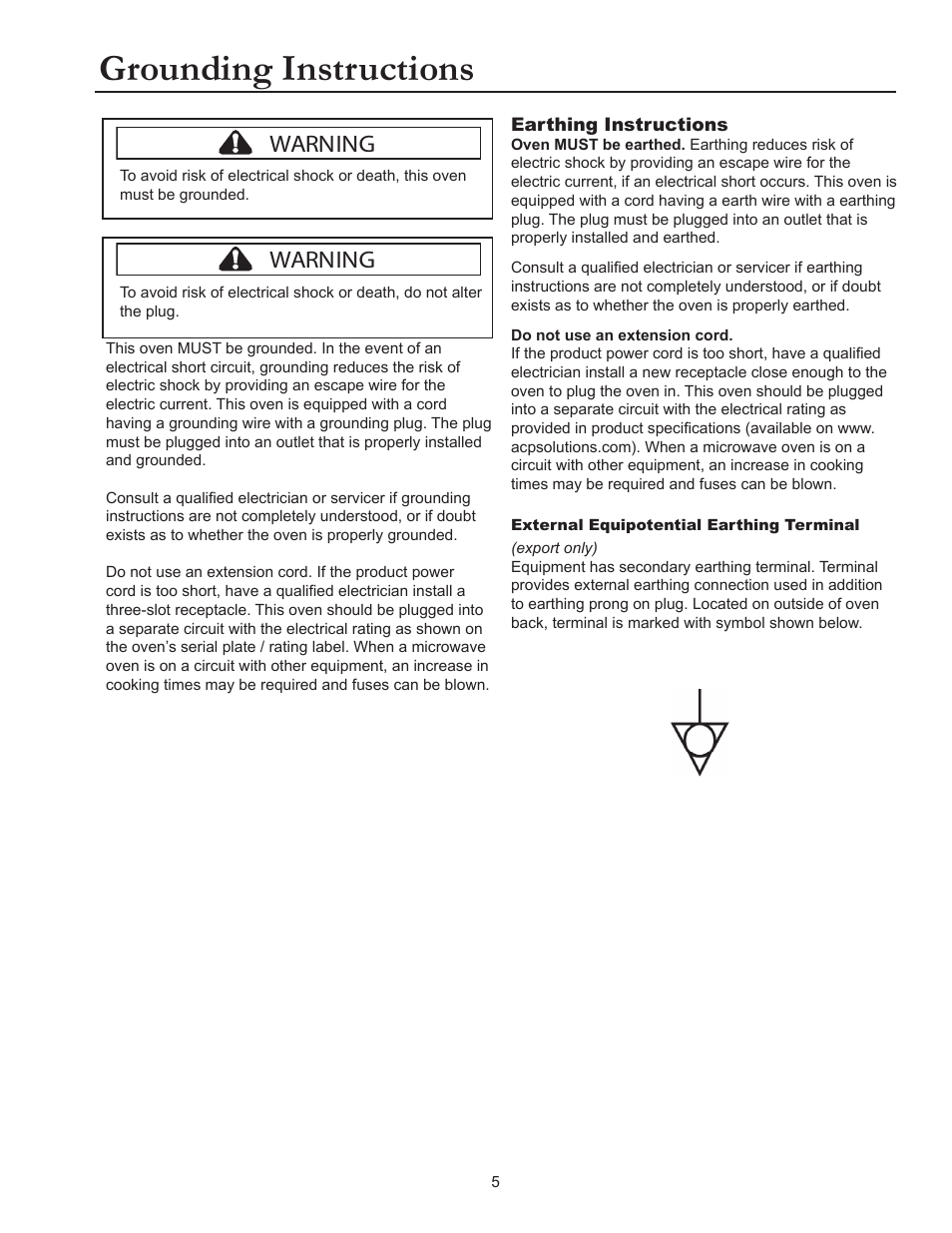 Grounding instructions, Warning | ACP RFS518TS Owner's Manual User Manual | Page 5 / 16