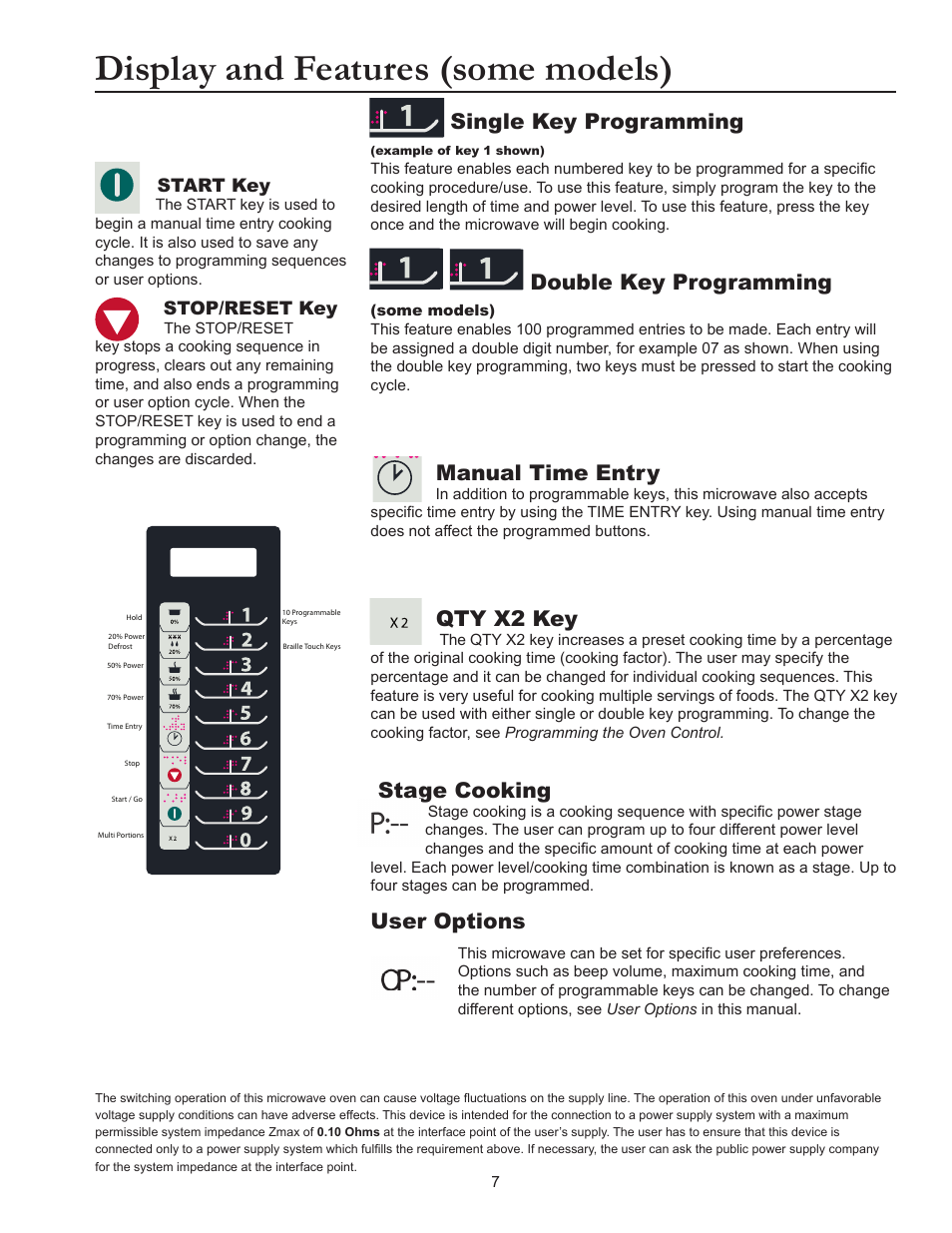 Display and features (some models), Single key programming, Double key programming | Manual time entry, Qty x2 key, Stage cooking, User options, Start key, Stop/reset key | ACP RFS518TS Owner's Manual User Manual | Page 7 / 16