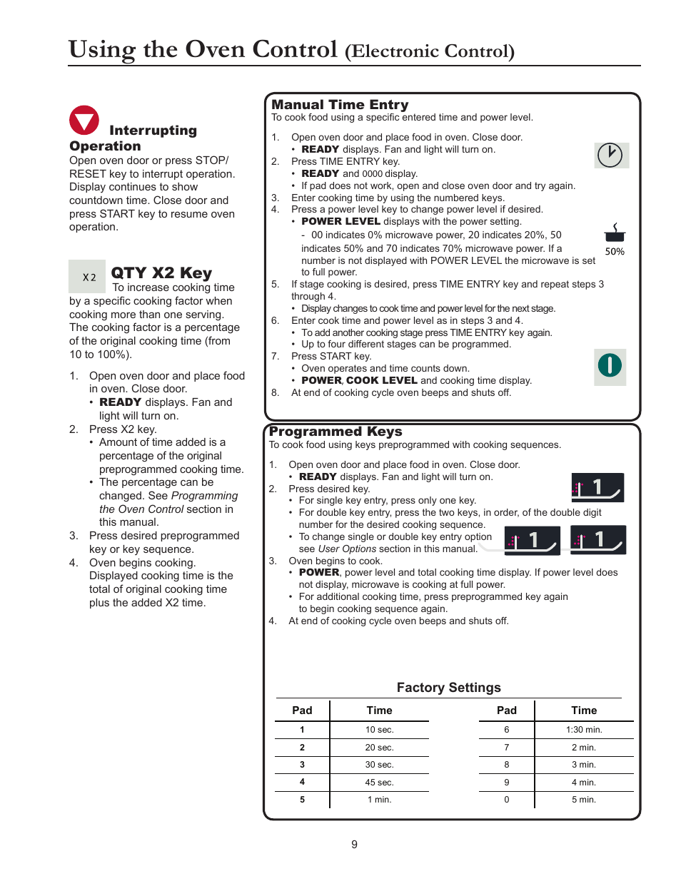 Using the oven control, Electronic control), Qty x2 key | Interrupting operation, Manual time entry, Programmed keys, Factory settings | ACP RFS518TS Owner's Manual User Manual | Page 9 / 16