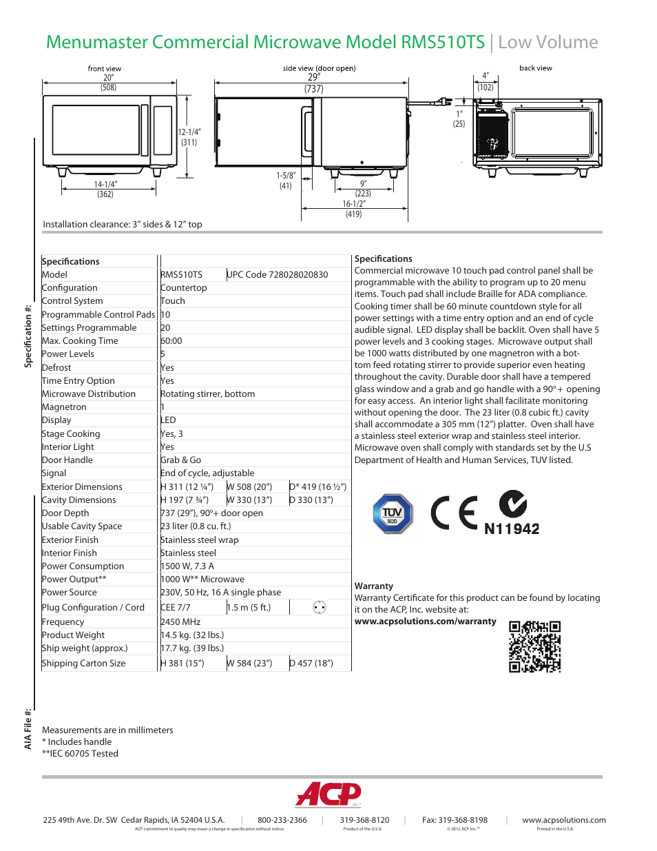 ACP RMS510TS Spec Sheet User Manual | Page 2 / 2