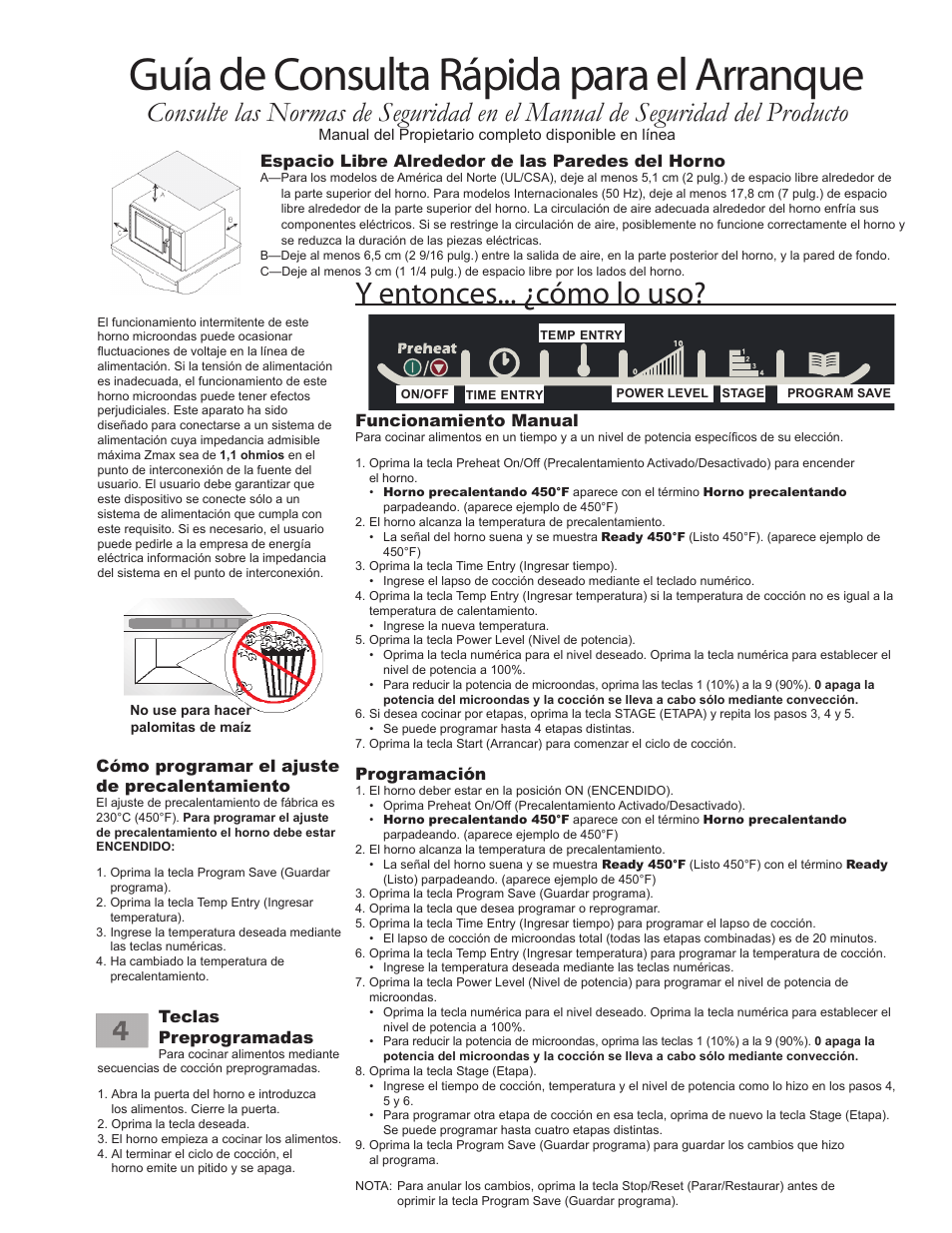 Guía de consulta rápida para el arranque, Y entonces... ¿cómo lo uso, Funcionamiento manual | Programación, Cómo programar el ajuste de precalentamiento, Espacio libre alrededor de las paredes del horno, Teclas preprogramadas | ACP MCE14 Quick Start Guide User Manual | Page 3 / 8