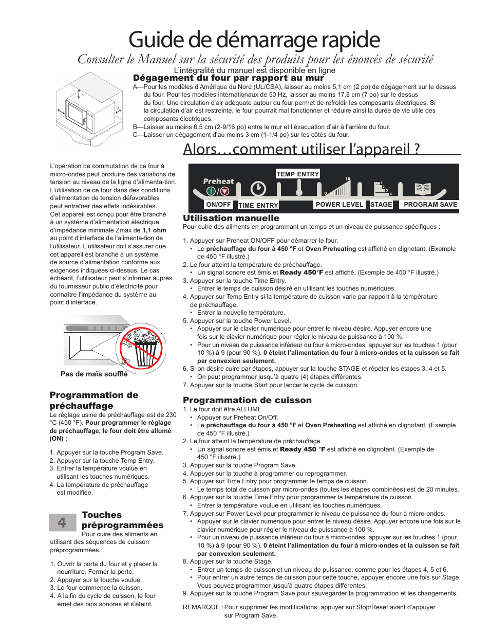 Guide de démarrage rapide, Alors…comment utiliser l’appareil, Utilisation manuelle | Programmation de cuisson, Programmation de préchauffage, Dégagement du four par rapport au mur, Touches préprogrammées | ACP MCE14 Quick Start Guide User Manual | Page 5 / 8