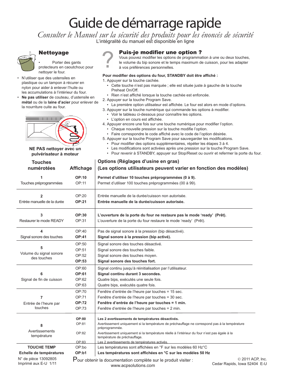 Guide de démarrage rapide, Nettoyage, Puis-je modifier une option | ACP MCE14 Quick Start Guide User Manual | Page 6 / 8