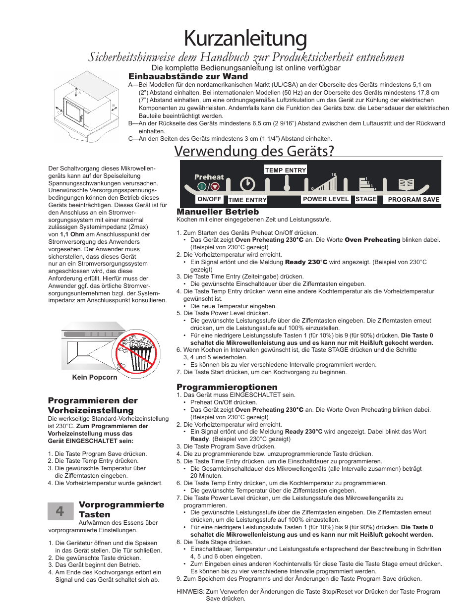 Kurzanleitung, Verwendung des geräts, Manueller betrieb | Programmieroptionen, Programmieren der vorheizeinstellung, Einbauabstände zur wand, Vorprogrammierte tasten | ACP MCE14 Quick Start Guide User Manual | Page 7 / 8