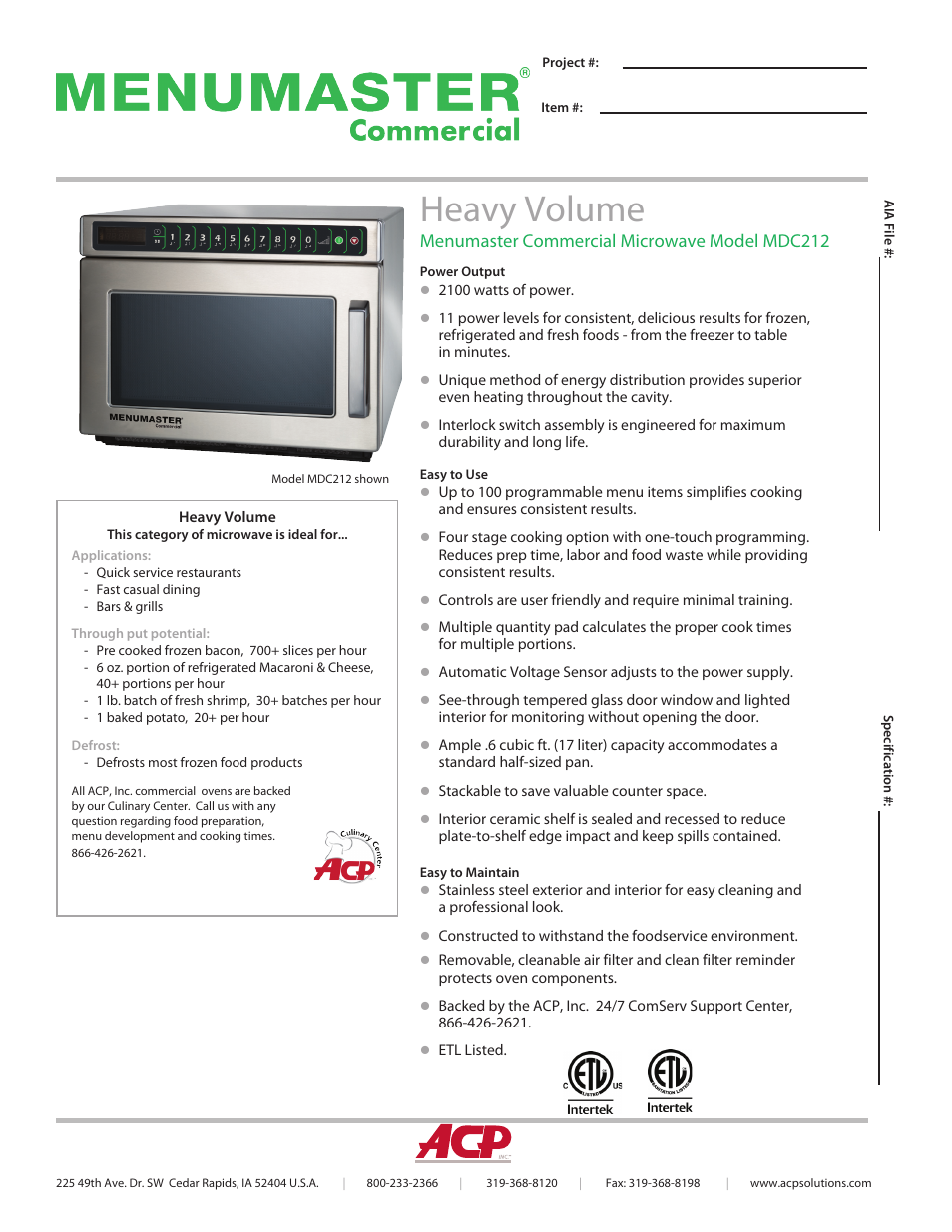 ACP MDC212 Spec Sheet User Manual | 2 pages