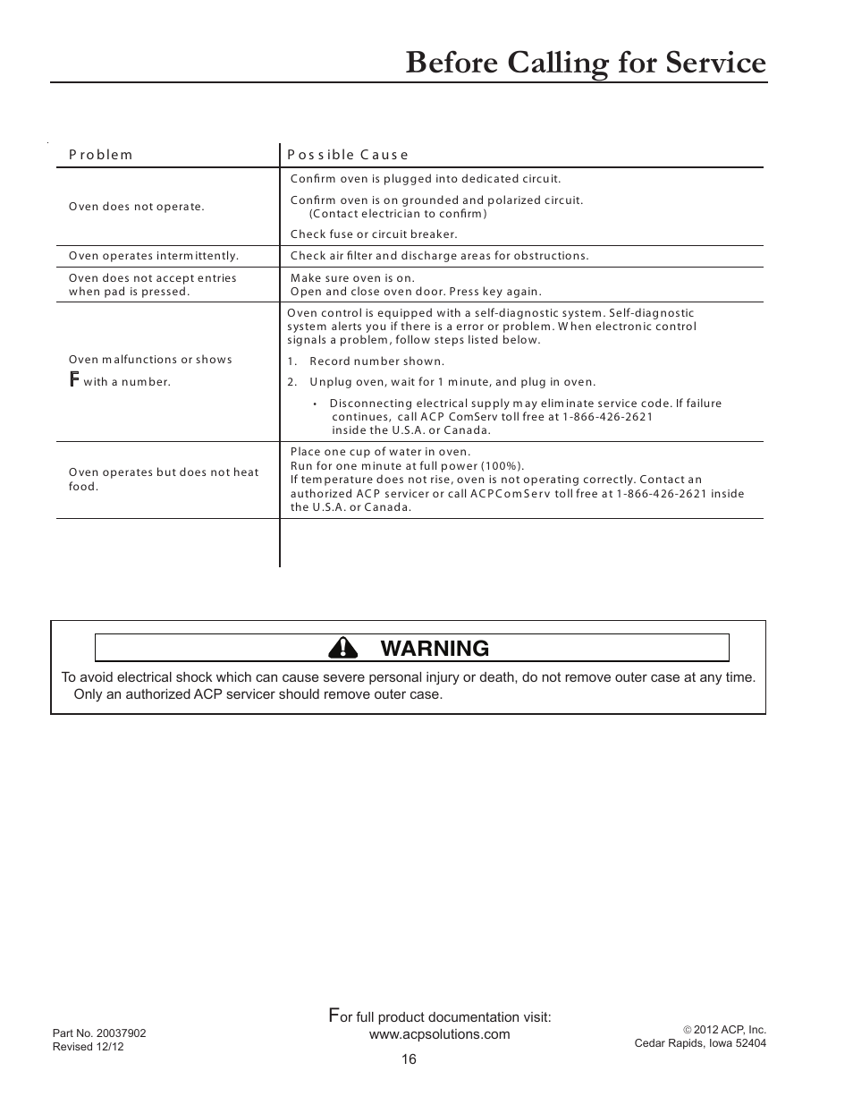 Before calling for service, Warning | ACP RCS10DSE Owner's Manual User Manual | Page 16 / 61