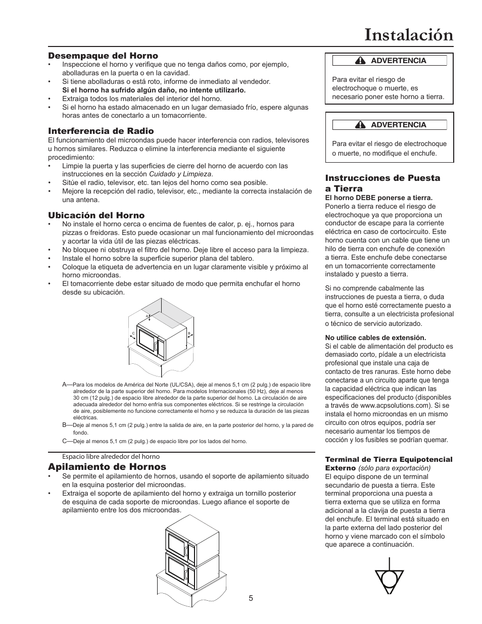 Instalación, Apilamiento de hornos | ACP RCS10DSE Owner's Manual User Manual | Page 21 / 61