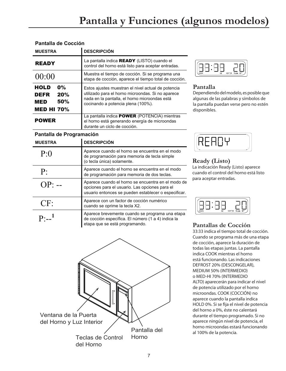 Pantalla y funciones (algunos modelos), Pantalla, Ready (listo) | Pantallas de cocción | ACP RCS10DSE Owner's Manual User Manual | Page 23 / 61