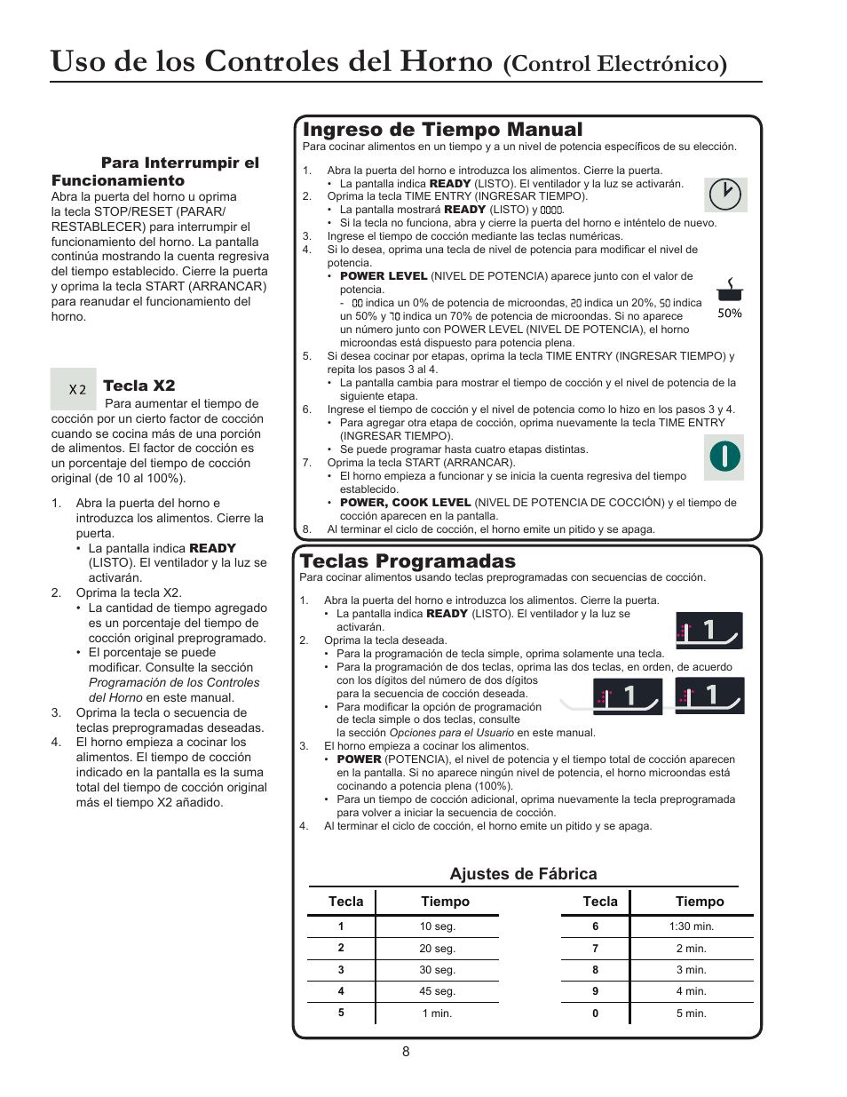 Uso de los controles del horno, Control electrónico), Ingreso de tiempo manual | Teclas programadas, Ajustes de fábrica, Tecla x2, Para interrumpir el funcionamiento | ACP RCS10DSE Owner's Manual User Manual | Page 24 / 61