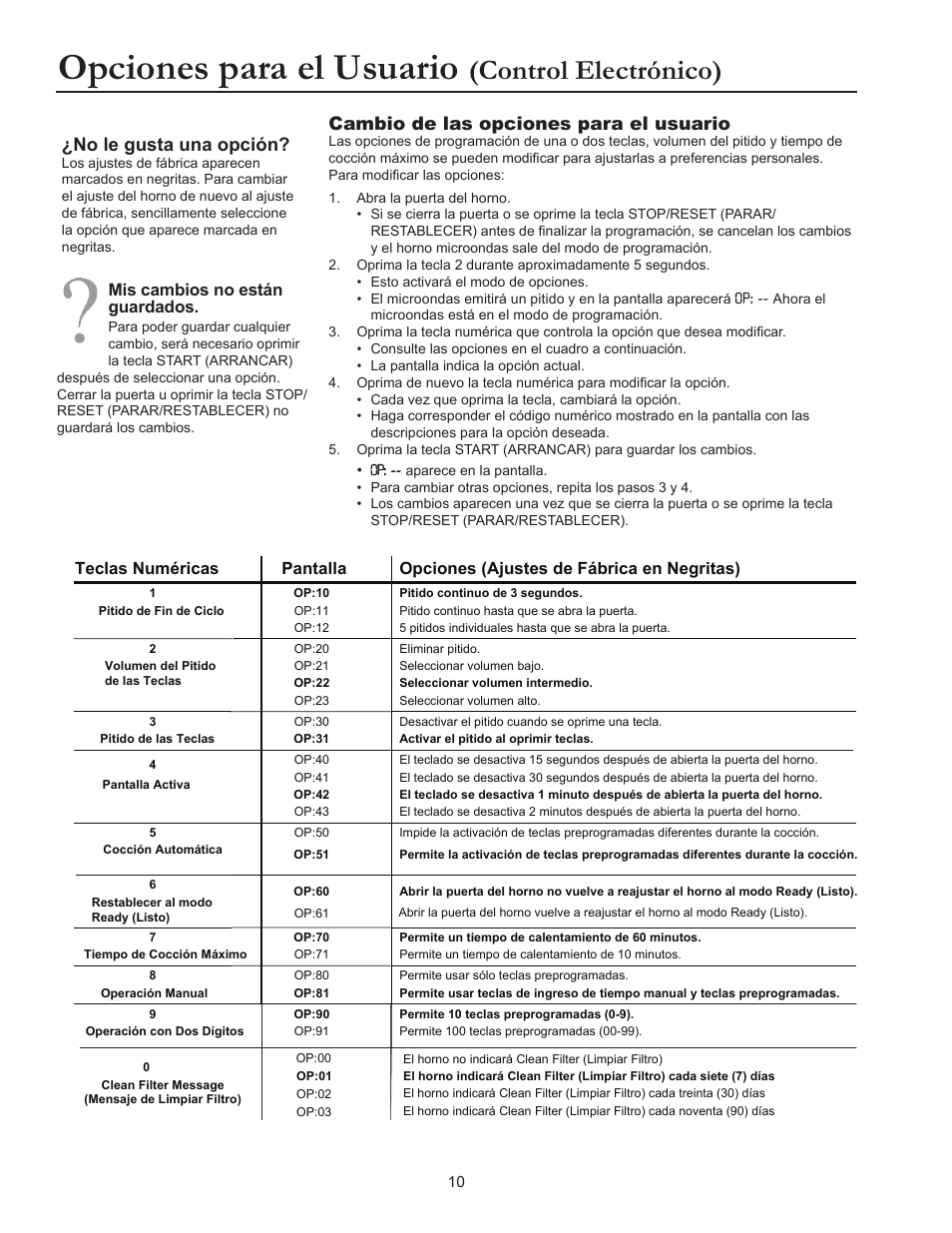Opciones para el usuario, Control electrónico), Cambio de las opciones para el usuario | No le gusta una opción | ACP RCS10DSE Owner's Manual User Manual | Page 26 / 61