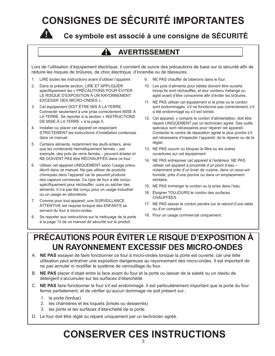 Conserver ces instructions, Consignes de sécurité importantes, Ce symbole est associé à une consigne de sécurité | Avertissement | ACP RCS10DSE Owner's Manual User Manual | Page 34 / 61