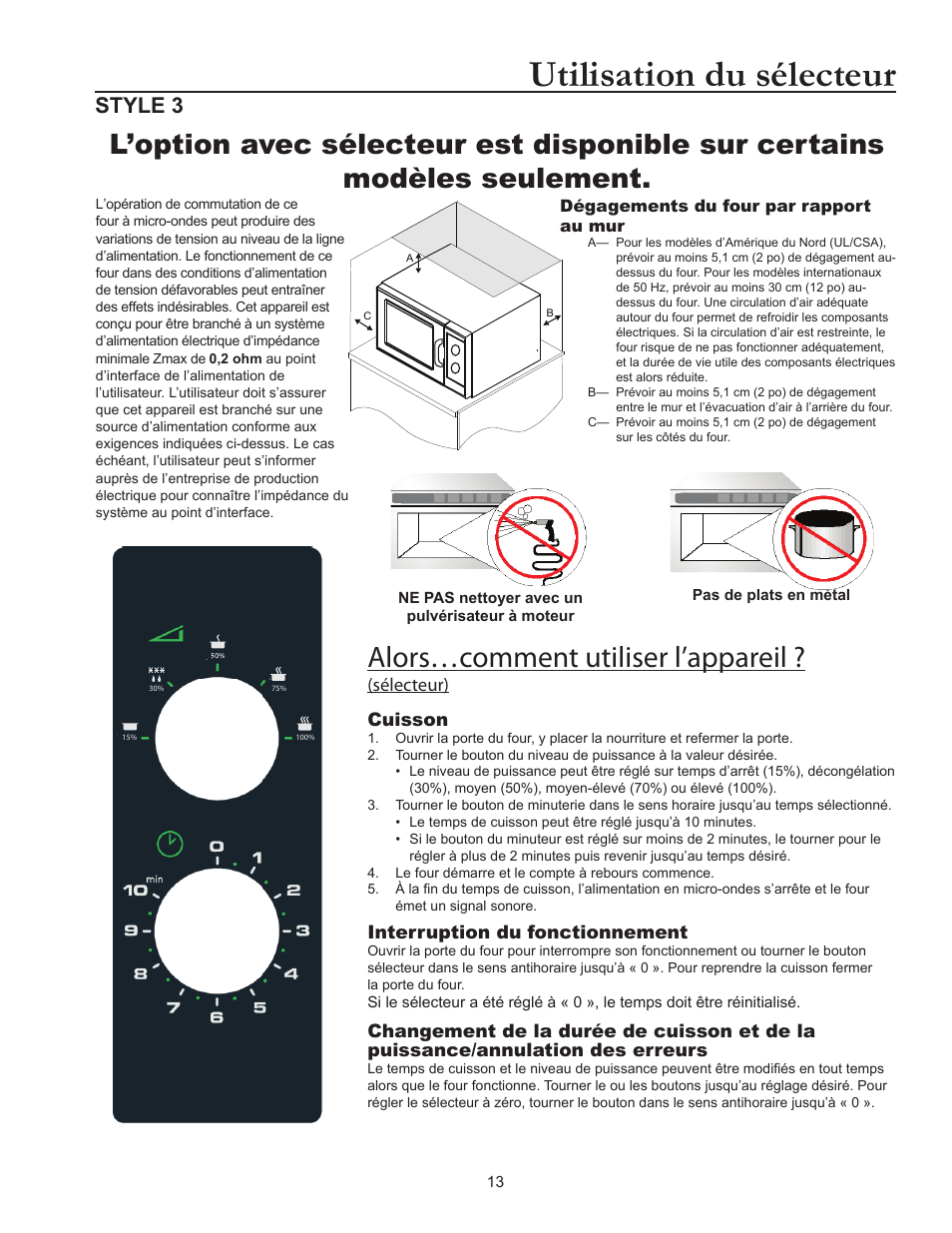 Utilisation du sélecteur, Alors…comment utiliser l’appareil, Style 3 | Sélecteur), Cuisson, Interruption du fonctionnement | ACP RCS10DSE Owner's Manual User Manual | Page 44 / 61