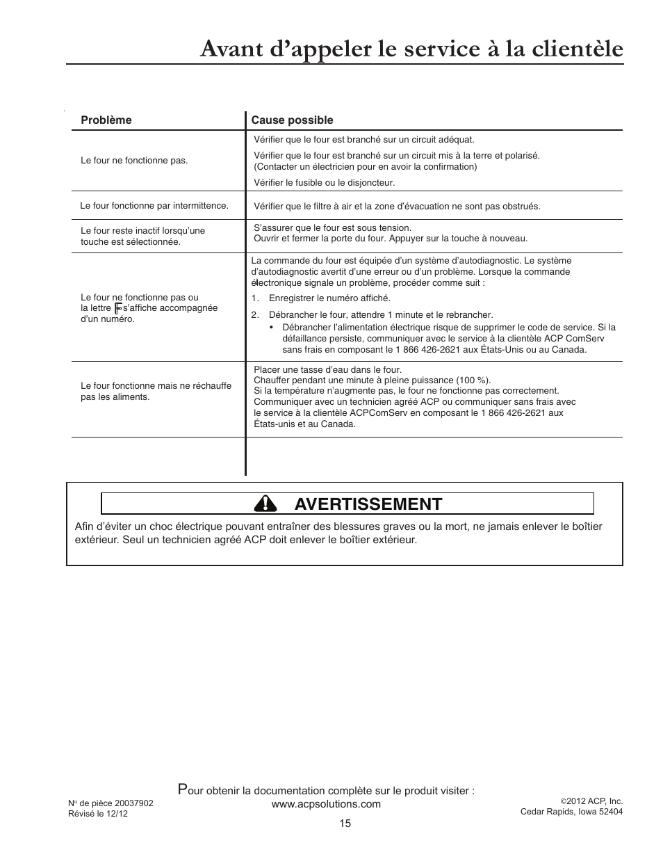 Avant d’appeler le service à la clientèle, Avertissement | ACP RCS10DSE Owner's Manual User Manual | Page 46 / 61