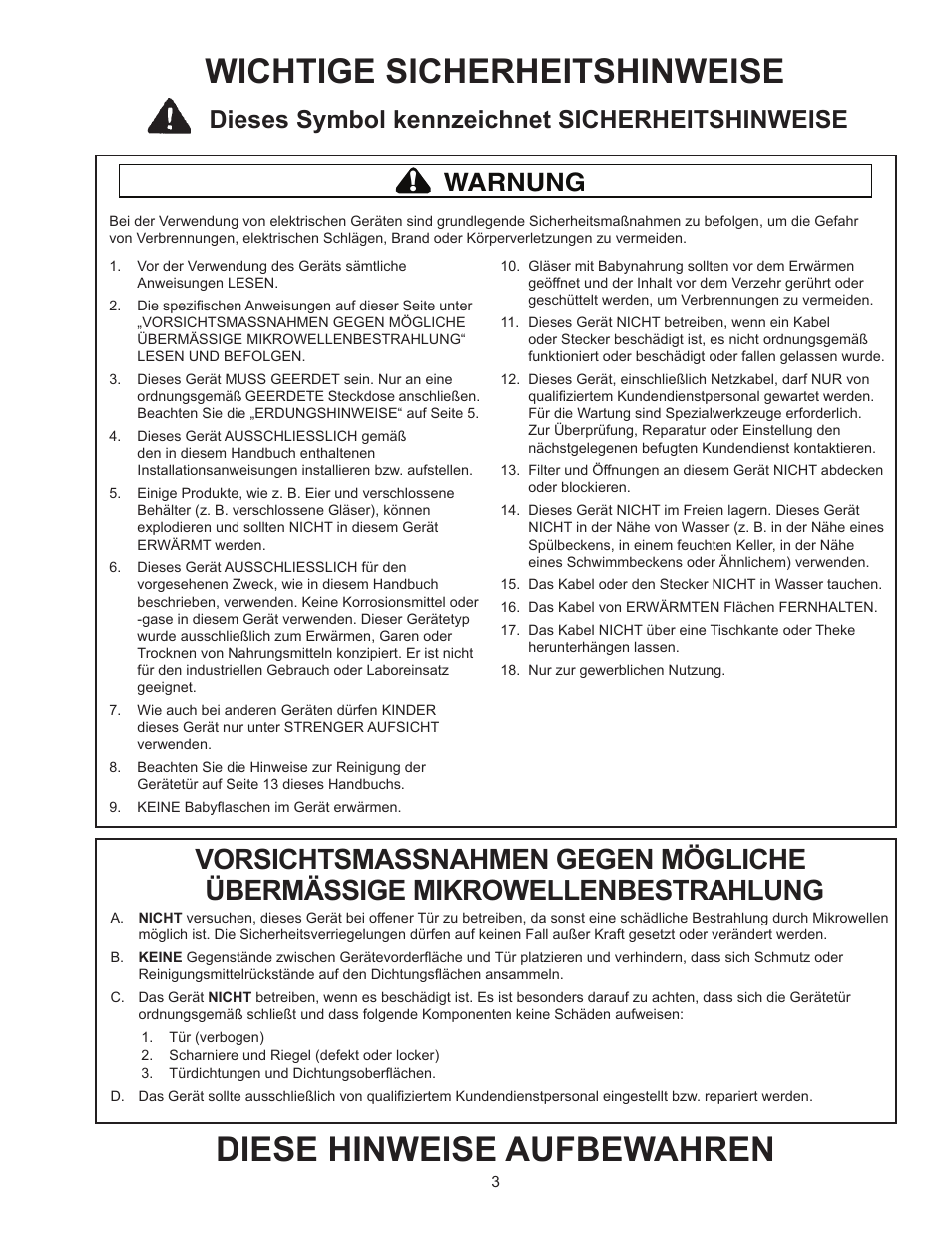 Diese hinweise aufbewahren, Wichtige sicherheitshinweise, Warnung | Dieses symbol kennzeichnet sicherheitshinweise | ACP RCS10DSE Owner's Manual User Manual | Page 49 / 61