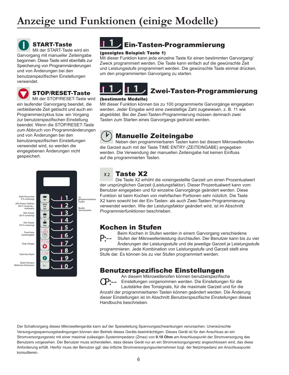 Anzeige und funktionen (einige modelle), Ein-tasten-programmierung, Zwei-tasten-programmierung | Manuelle zeiteingabe, Taste x2, Kochen in stufen, Benutzerspezifische einstellungen, Start-taste, Stop/reset-taste | ACP RCS10DSE Owner's Manual User Manual | Page 52 / 61