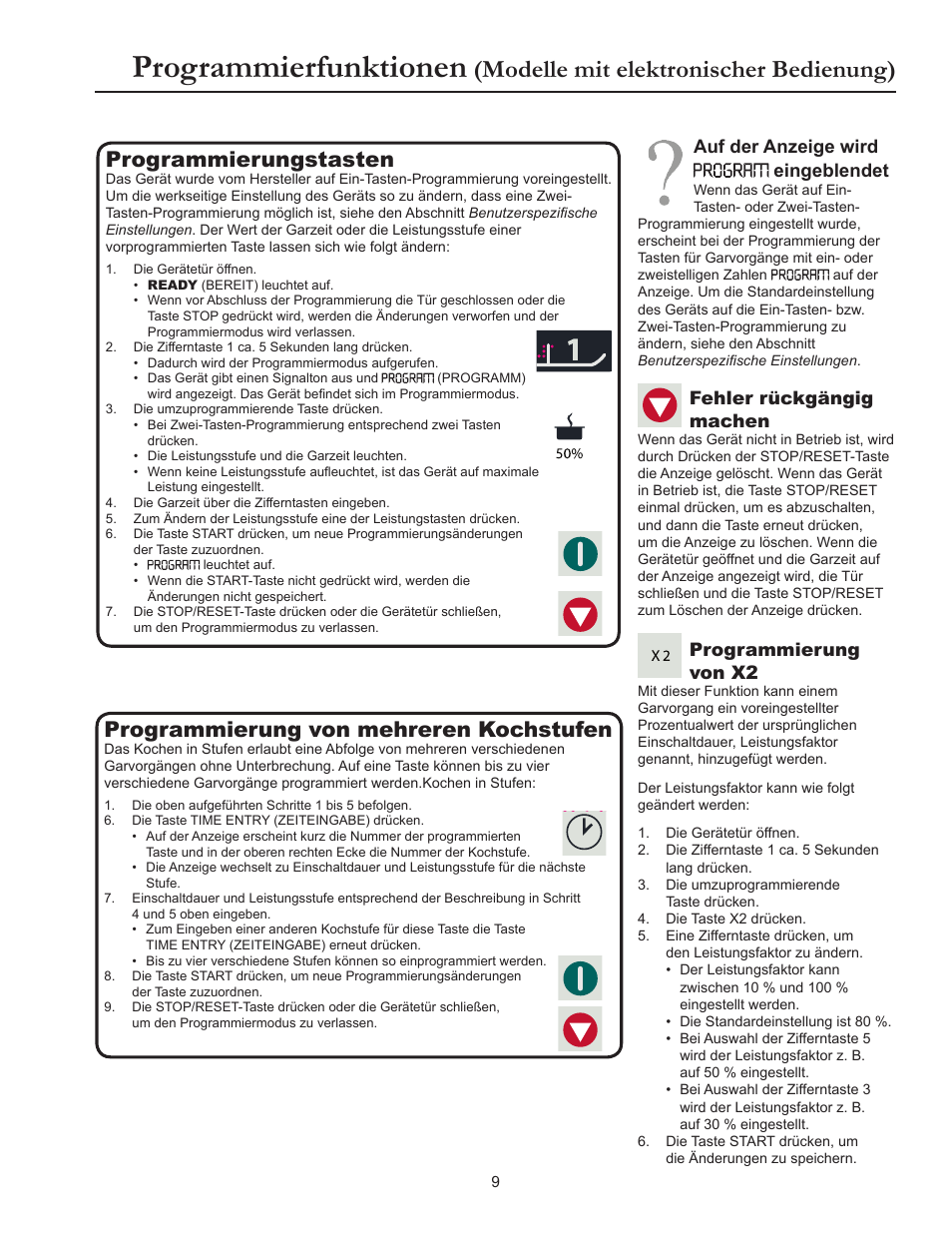 Programmierfunktionen, Modelle mit elektronischer bedienung), Programmierungstasten | Programmierung von mehreren kochstufen, Auf der anzeige wird eingeblendet, Programmierung von x2, Fehler rückgängig machen | ACP RCS10DSE Owner's Manual User Manual | Page 55 / 61