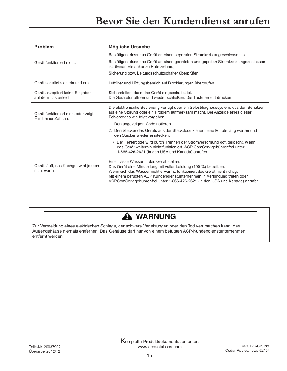 Bevor sie den kundendienst anrufen, Warnung | ACP RCS10DSE Owner's Manual User Manual | Page 61 / 61