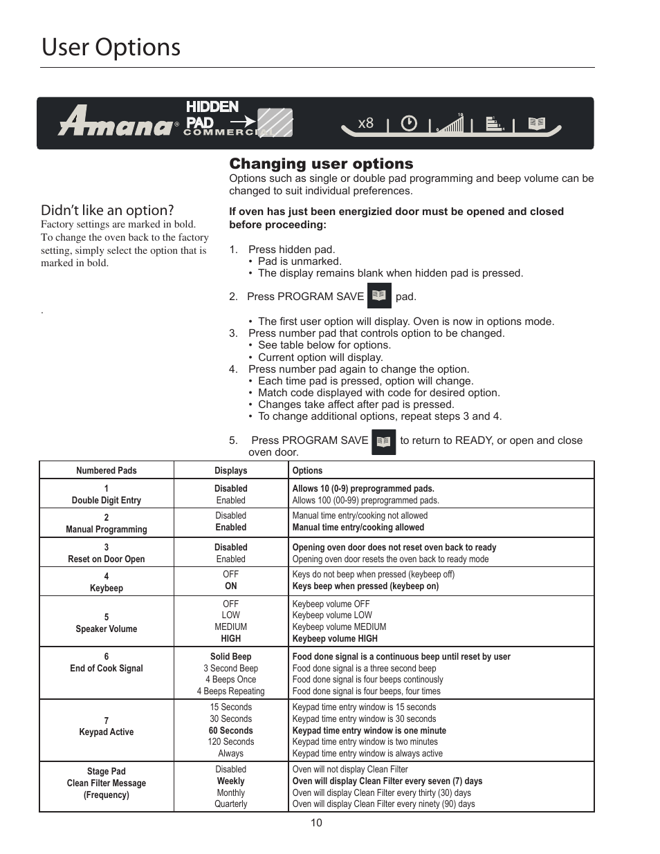 User options, Changing user options, Didn’t like an option | ACP RC22S2 Owner's Manual User Manual | Page 10 / 13