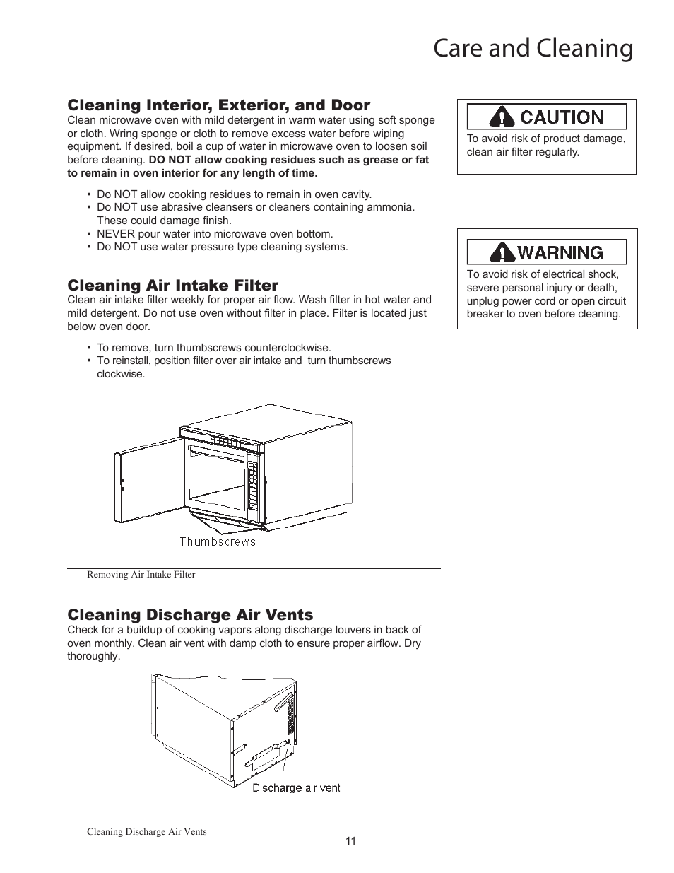 Care and cleaning, Cleaning interior, exterior, and door, Cleaning air intake filter | Cleaning discharge air vents | ACP RC22S2 Owner's Manual User Manual | Page 11 / 13