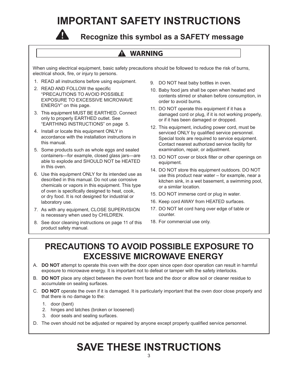 Save these instructions, Important safety instructions, Recognize this symbol as a safety message | ACP RC22S2 Owner's Manual User Manual | Page 3 / 13