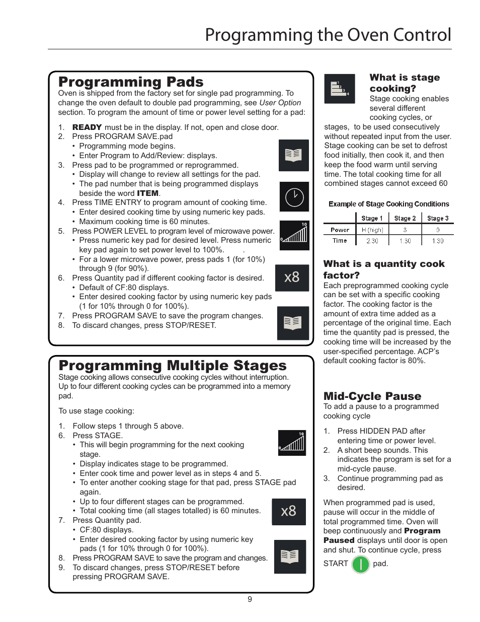 Programming the oven control, Programming multiple stages, Programming pads | Mid-cycle pause | ACP RC22S2 Owner's Manual User Manual | Page 9 / 13