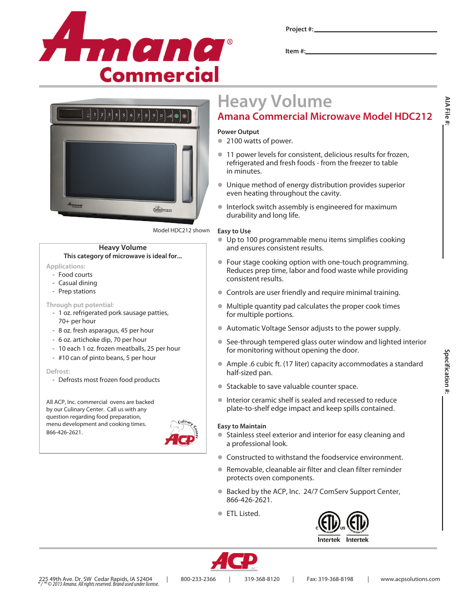 ACP HDC212 Spec Sheet User Manual | 2 pages