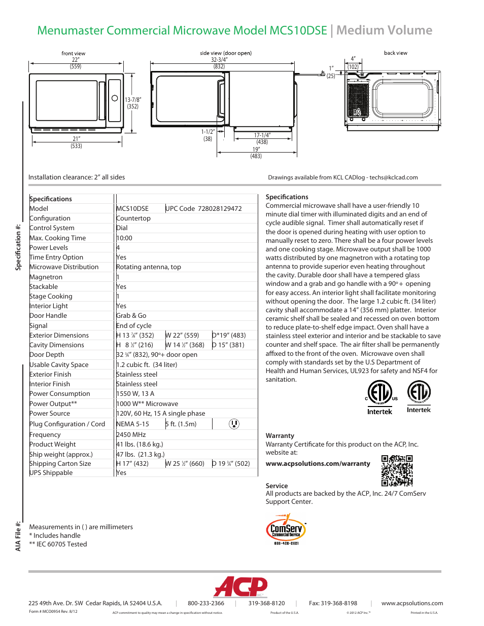 Medium volume, Menumaster commercial microwave model mcs10dse | ACP MCS10DSE Spec Sheet User Manual | Page 2 / 2